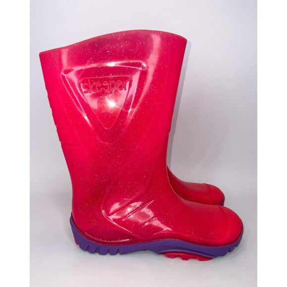 SKEEPER Size 32/1Y Black Slip-On Rain Boots w/Grip Soles Pink/Purple Rubber Boot - Picture 5 of 10